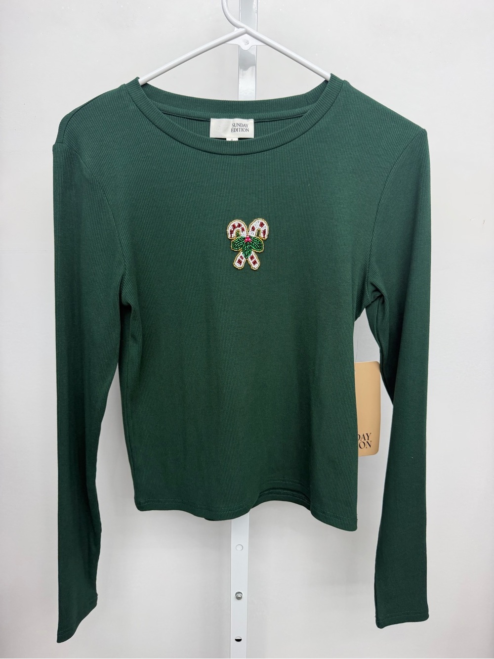 Beaded Dark Green Long-Sleeve Tee with Candy Cane